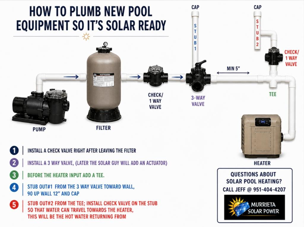 How to plumb new pool equipment so it's solar ready — diagram showing pump, filter, valves and stub-outs