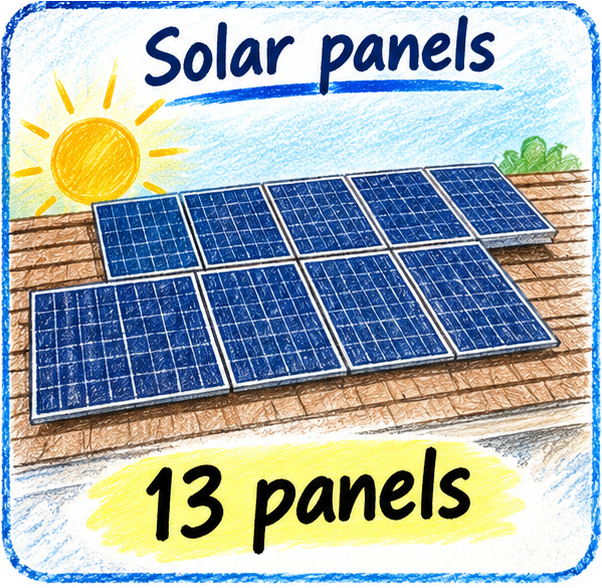 Colored-pencil illustration of thirteen solar panels